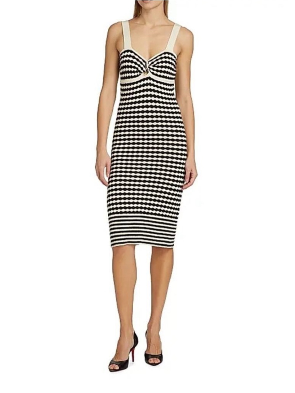 NEW Ramy Brook Jessa Black & White Striped Knit Midi Dress with Twist Front